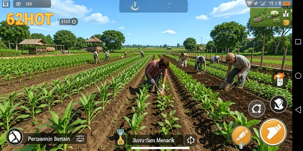 Screenshot gameplay 62HOT yang menampilkan ladang yang subur dan aktivitas bertani.