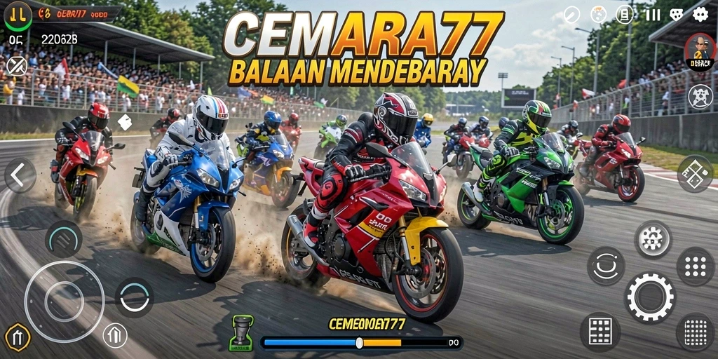 Screenshot CEMARA77 menampilkan balapan motor yang seru dan mendebarkan.