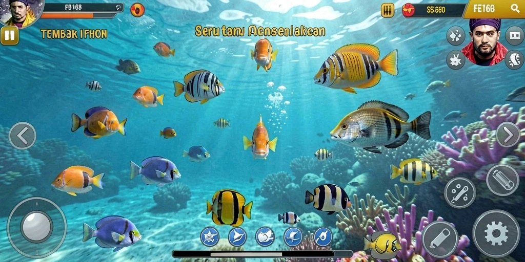Tampilan gameplay seru FB168 menembak ikan berwarna-warni.