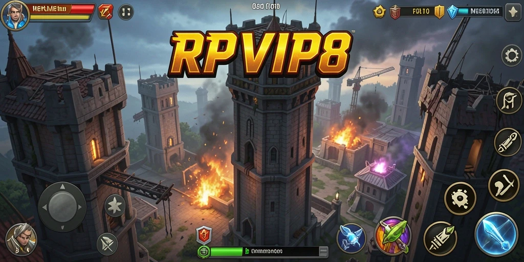 Tampilan gameplay RPVIP8 yang penuh aksi dalam pertahanan menara.