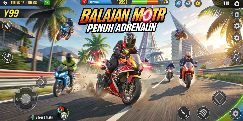 Screenshot Y89 menampilkan balapan motor yang intens di lintasan yang menantang.